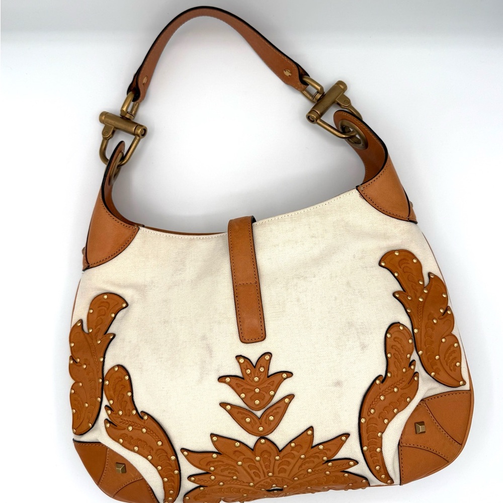Gucci RARE Western Horsebit Tan and Cream Embellished Jackie Bag - Picture 2 of 13